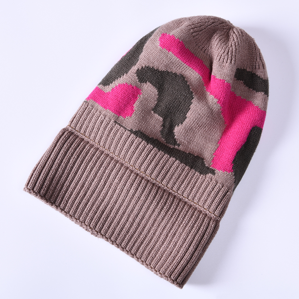 Classic Camo Pattern Design Winter Unisex Double Fold Thick Warm Cuffed Cashmere Wool Knitted Camouflage Beanie