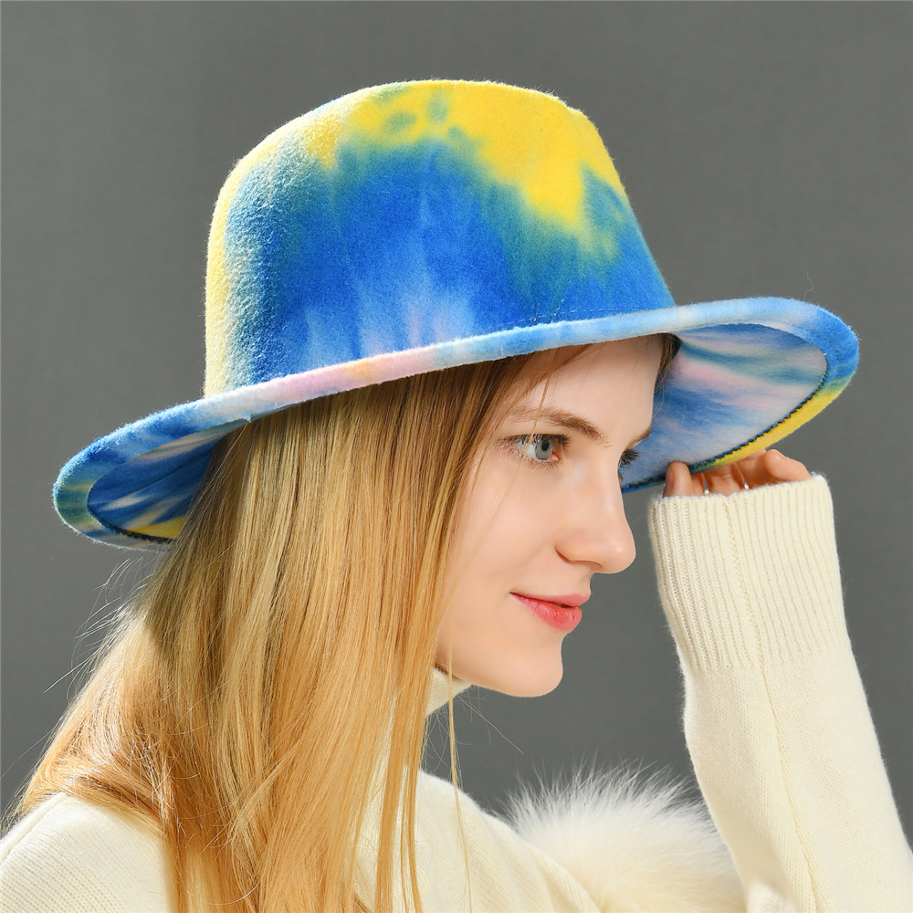 Wholesale Unisex Vintage Jazz Woolen Tie Dye Color Wide Brim Wool Fedora Hats 