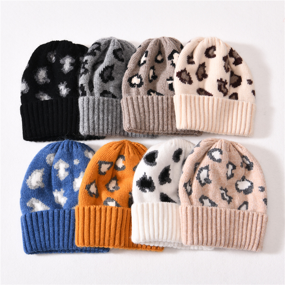 Baggy Winter Cashmere Knitted Beanie Hat Double Layer Thick Leopard Kids Chunky Winter Beanie