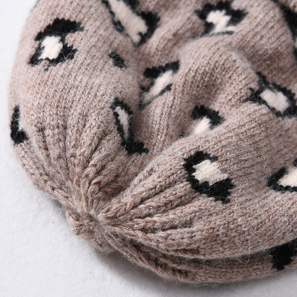 Winter Fashion Custom Faux Fur Ball Beanie Hat Skull Beanie High Quality Double Layer Angora Leopard Pattern Beanie