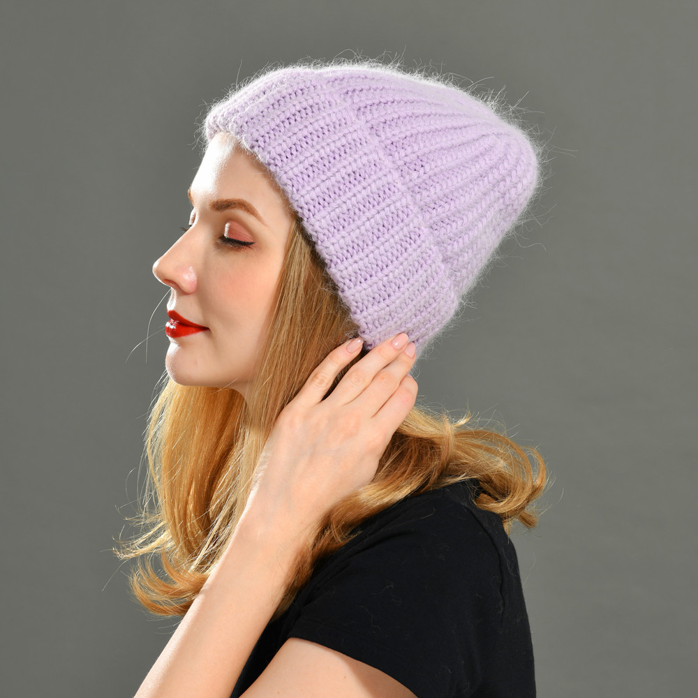 Winter Women Warm High Quality Stretchy Chunky Detachable Angora Knitted Thick Ribbed Beanie Hats 
