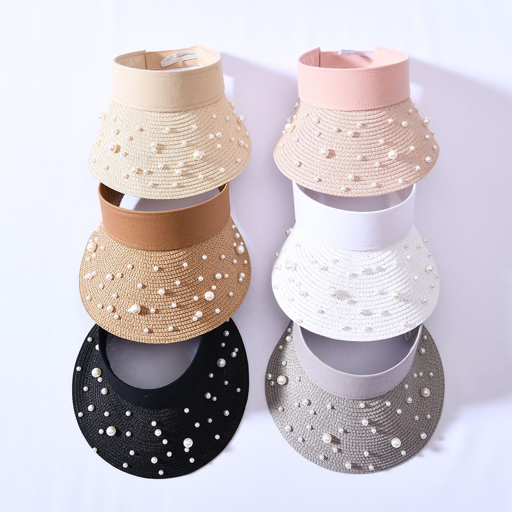Sun Shade Women Summer Female Elegant Pearl Straw Wide Brim Visor Hat for Girls