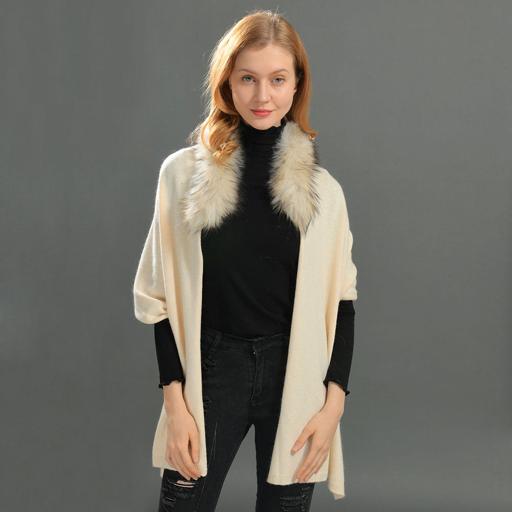 Sweater Oversize Autumn Real Fox Fur Collar Shawl Cape Ponchos Streetwear Luxury Custom Knitted Winter Scarf for Women Cashmere