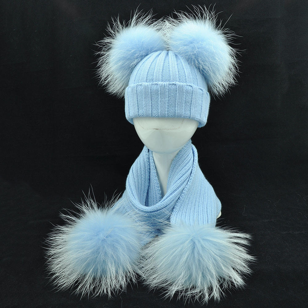 Winter Warm Fur Ball Hats Unisex Knitted Beanie Cap Girls Boys Classic Striped Knit Kids Beanie and Scarf Set