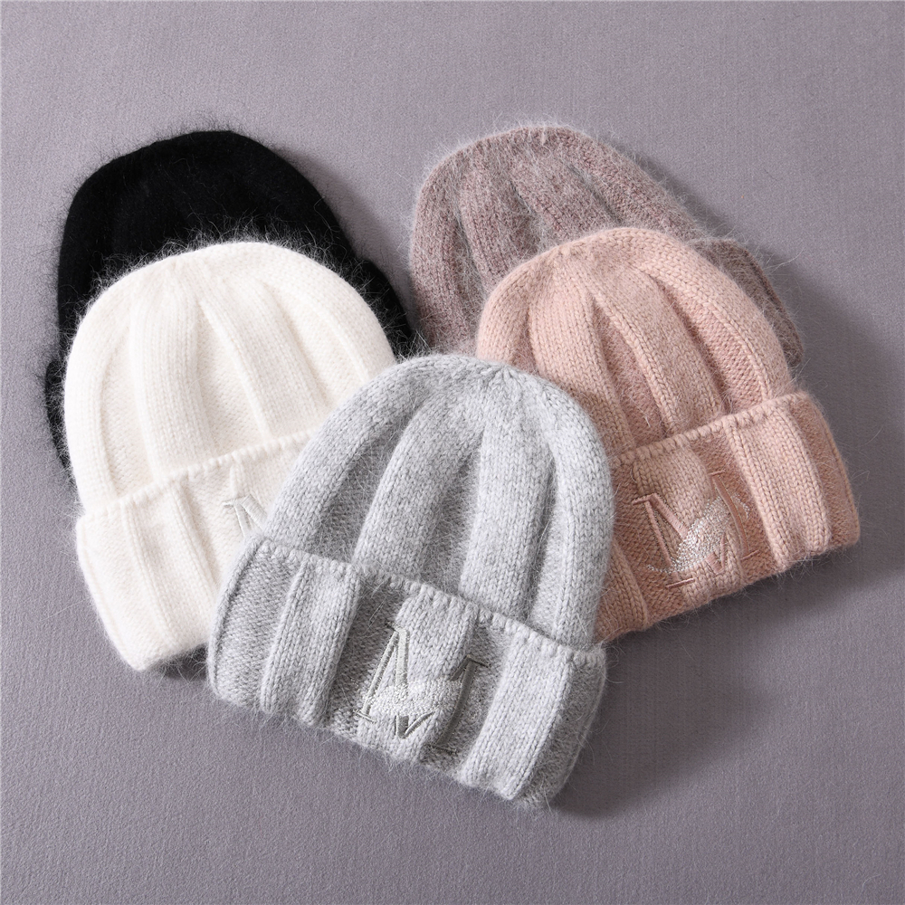 Blank Women High Quality Cashmere Knitted Hats Fluffy Striped Unisex Winter Custom Embroidered Beanie