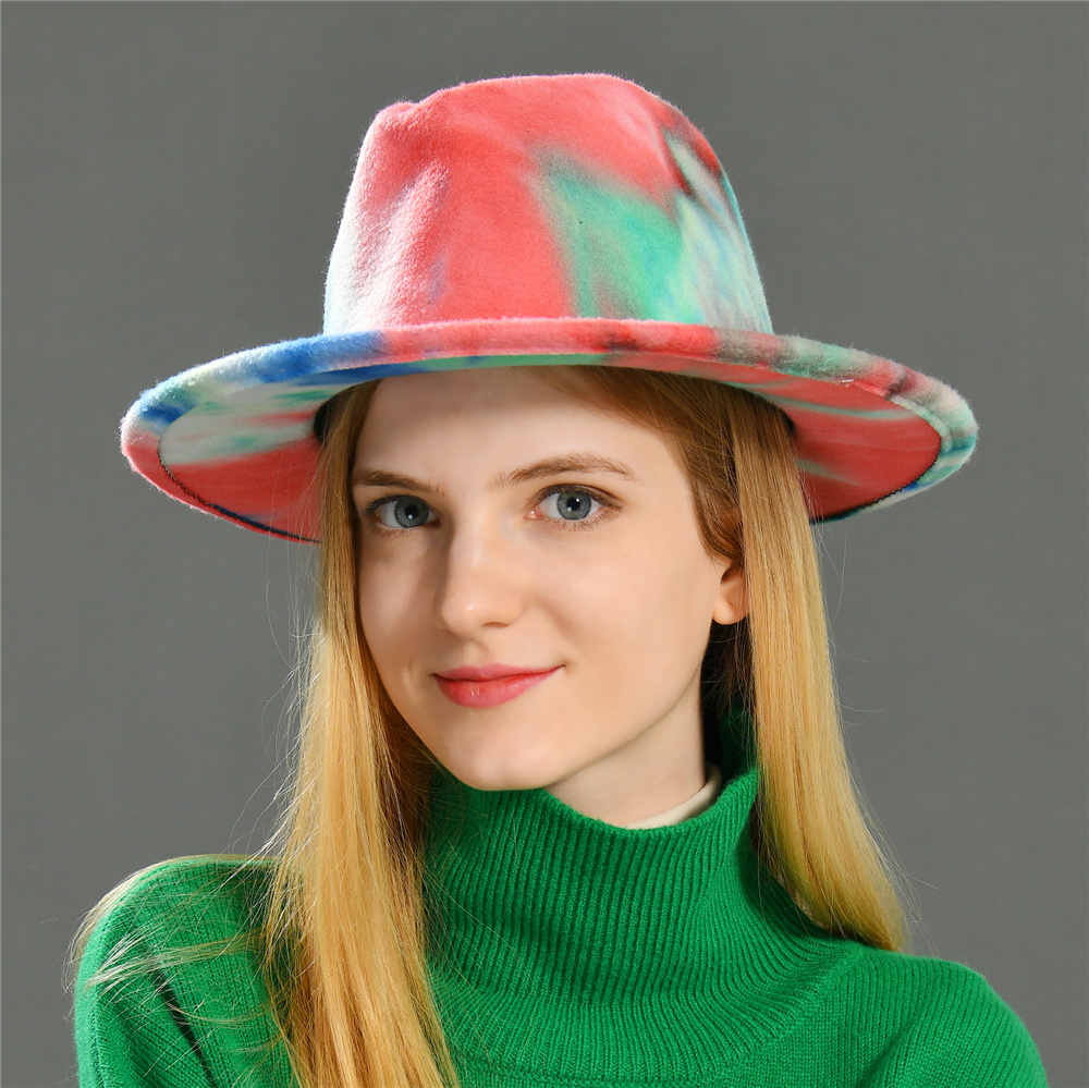 Wholesale Unisex Vintage Jazz Woolen Tie Dye Color Wide Brim Wool Fedora Hats 