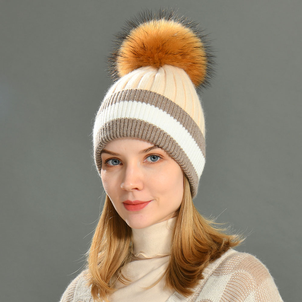 Wholesale Winter Custom Knit angora Cable Hat with Fur Ball Bobble Colors Blank Unisex Stripped Knitted Beanie Hats