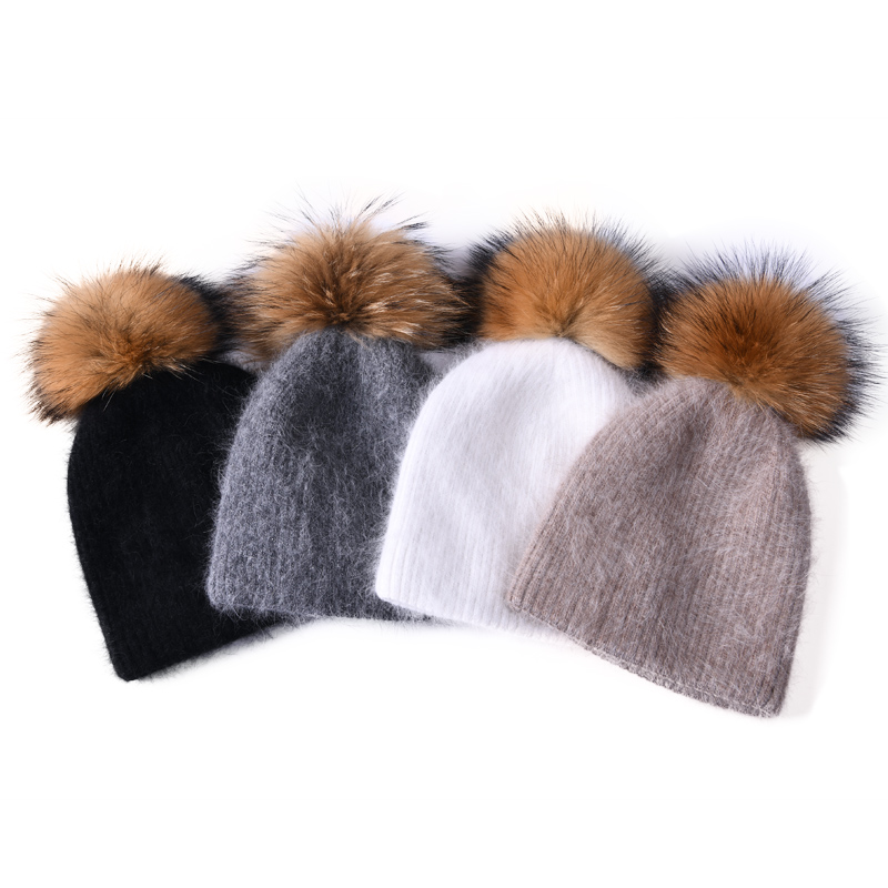 Winter Women Fur Ball Pompom Beanies Caps High Quality Angora Long Hair Beanie Hats 