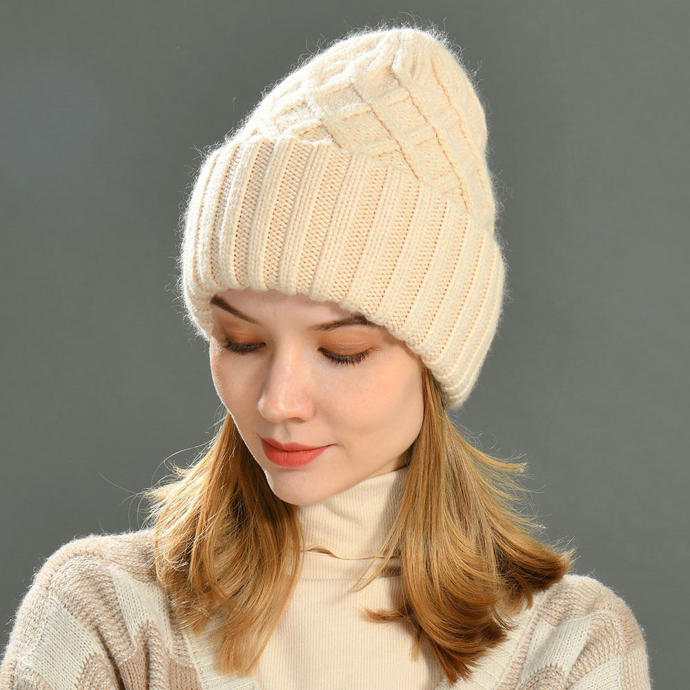 wholesale Colors Angora Blend Custom Knitted Beanie Hat Winter Thick Warm Women Classic Rhombus Bulk Beanie