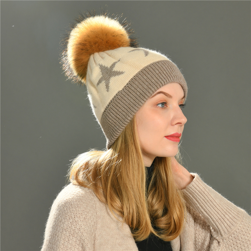 Factory Wholesale Unisex Winter Keep Warm Angora Knit Beanie Hat with Fur Pom Two Tone Thick Knitted Beanie Custom