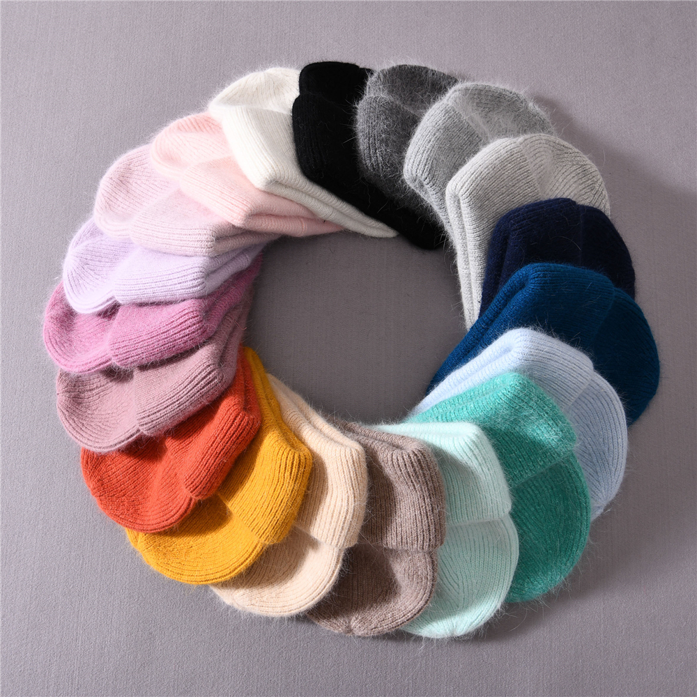 Casual Women's Hats Angora Knitted Beanies Autumn Winter Brand New Three Fold Thick Knitted Girls Beanies