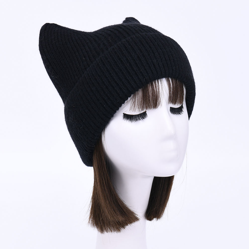Thick Elastic Snow Winter Hat Soild Color Striped Cuffed Cashmere Knitted Warm Women Cute Cat Beanie