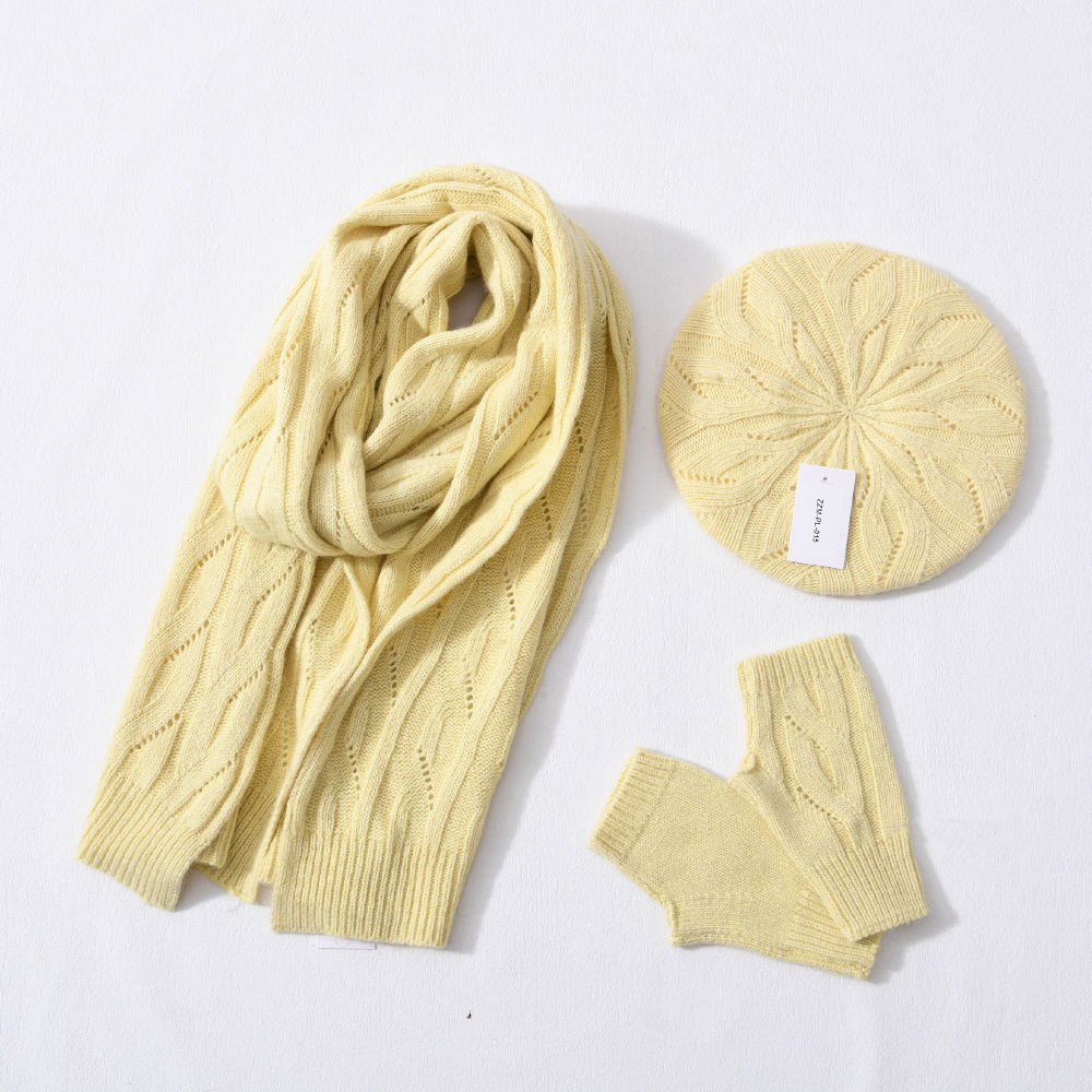 French Crochet Beret Long Scarf Fingerless Mittens Winter Double Layer Cashmere Knitted Hat Scarf Glove Set
