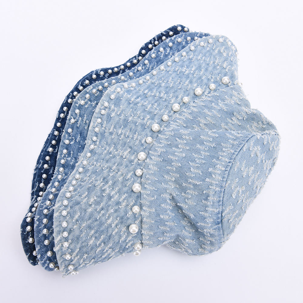 Spring and Summer Fisherman Hat Sun-shading Women Outdoor Travel Leisure Wide-brimmed Distressed Blue Denim Bucket Hats Pearls