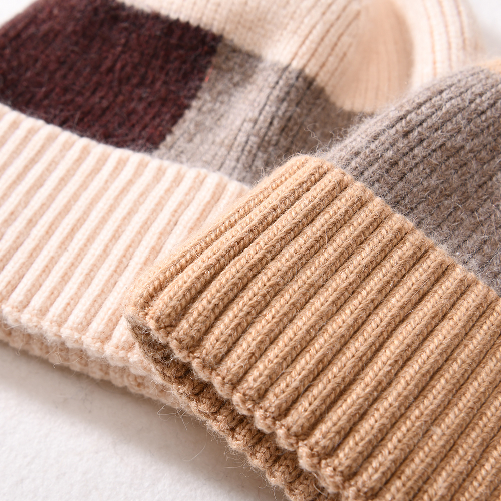 Hot Sell Custom Women Bonnet Fashion Plaid Cashmere Knitted Thick Warm Winter Hats for Women Beanie