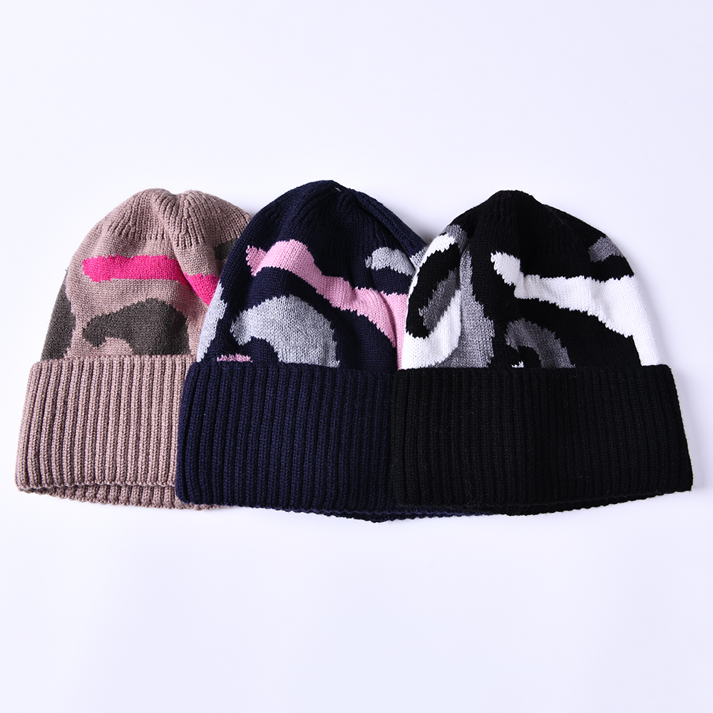 Classic Camo Pattern Design Winter Unisex Double Fold Thick Warm Cuffed Cashmere Wool Knitted Camouflage Beanie