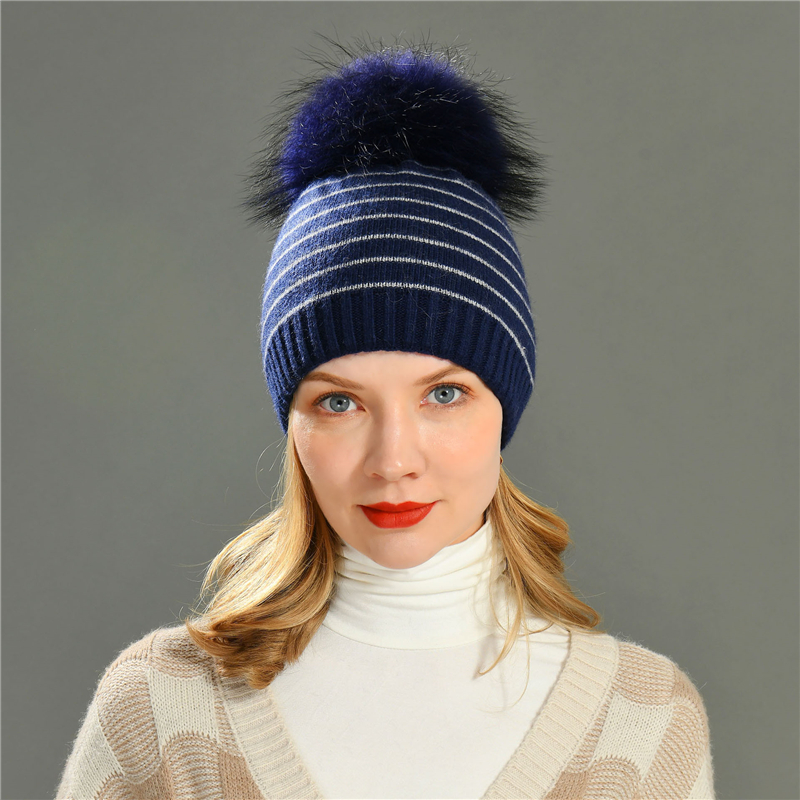 High Quality Angora Knitted Beanie stripe Double Layer Warm Unisex Winter Beanies with Customize Logo