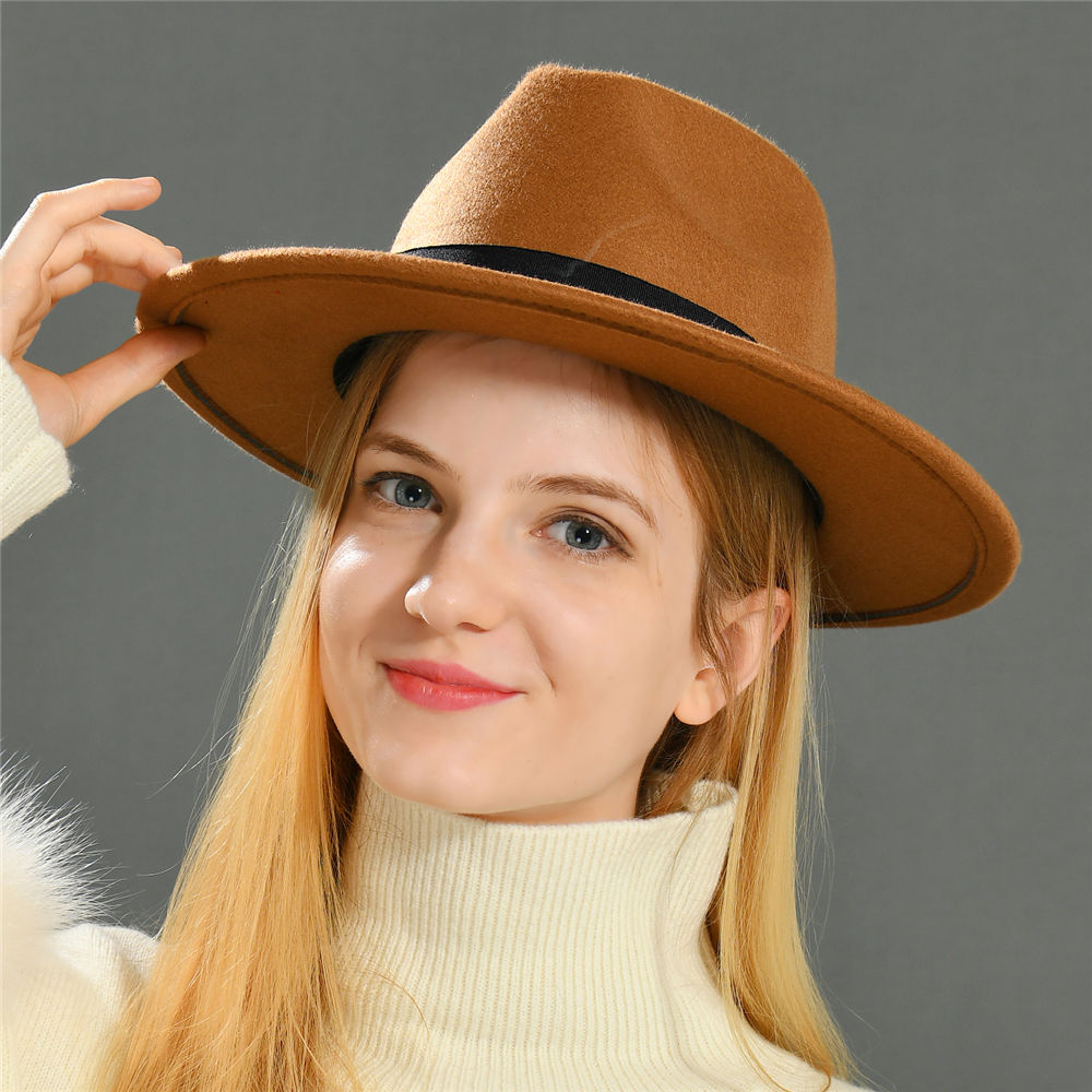 Wholesale Vendors Adults Women Plain Polyester Ribbon Wool Wide Brim Luxury Fedora Hats