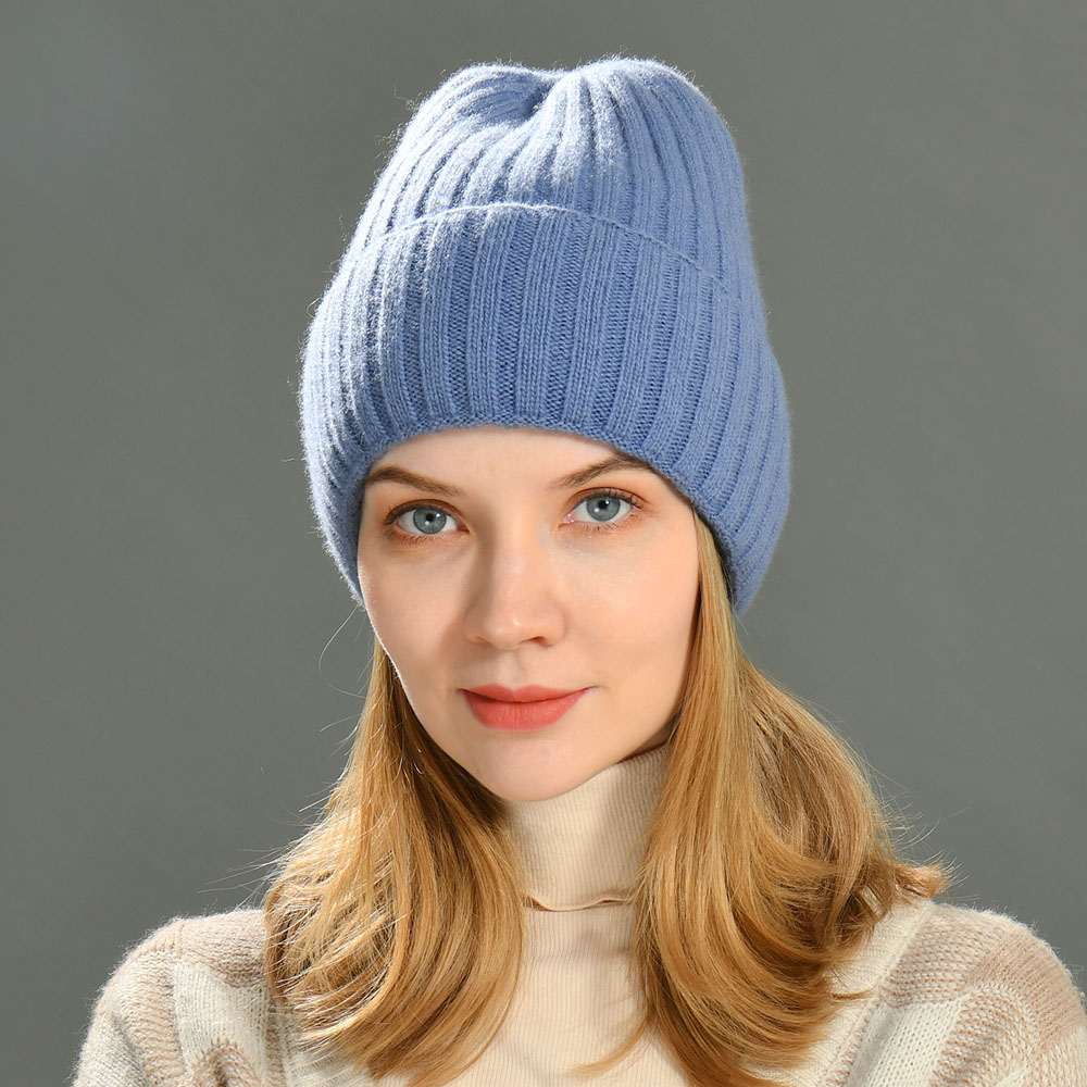 Wholesale 100% Wool Soft Knitted Cap Customize Adult Striped Cuffed Warm Winter Unisex Thick Wool Chunky Knit Beanie