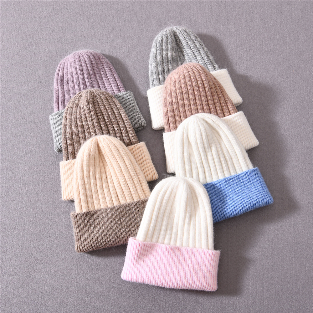 Designer Cute Baby Hat High Quality Angora Knitted Solid Color Striped Thick Warm Chunky Knit Kids Beanies