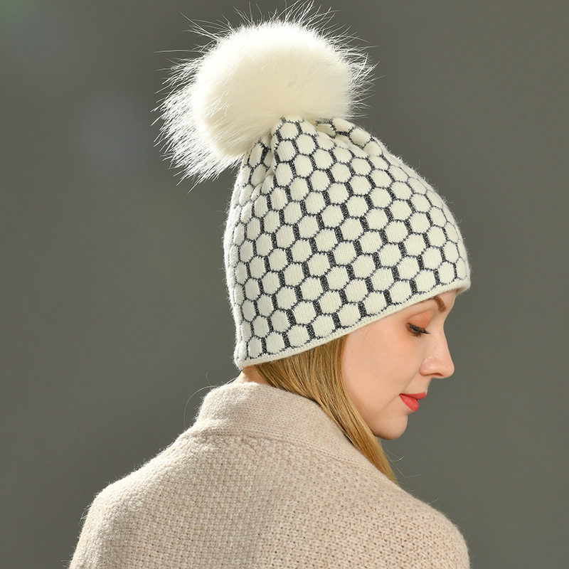 High Quality Angora Wool Knit Beanie Hat Custom Winter Hats with Fur Pom Pom New Style Ladies Wool Beanie