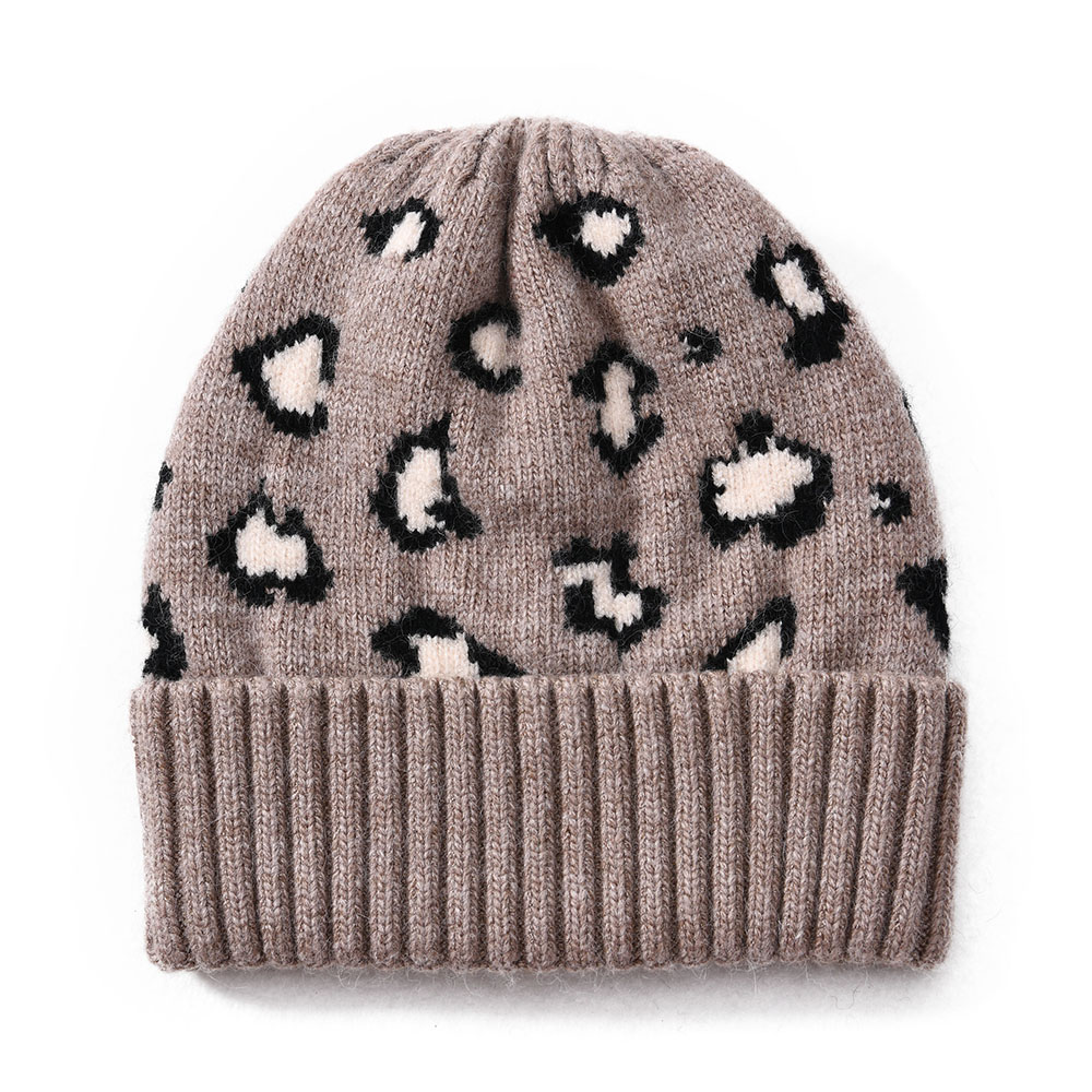 Winter Fashion Custom Faux Fur Ball Beanie Hat Skull Beanie High Quality Double Layer Angora Leopard Pattern Beanie