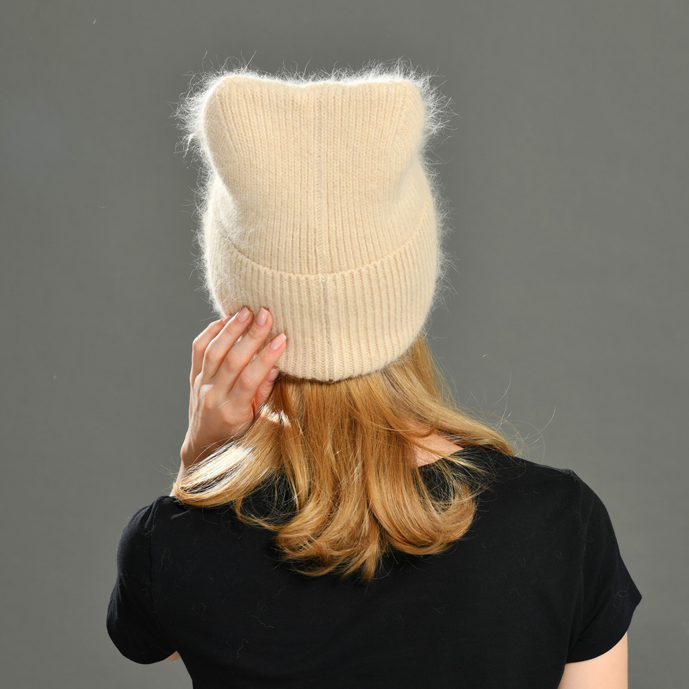 Women Knitted Winter Hat Cat Ears Female Warm Angora Knitted Beanie Girls Solid Beanie Soft Hat