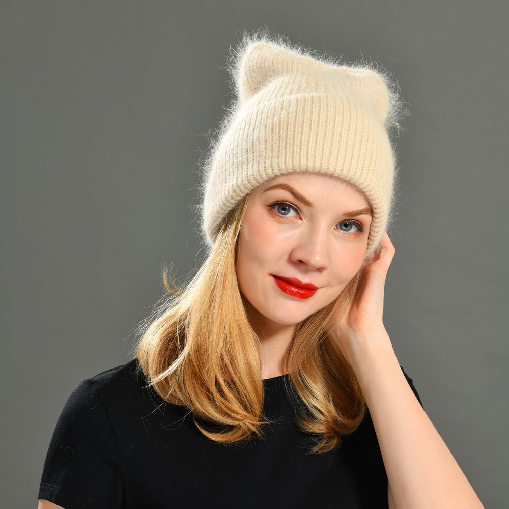 Women Knitted Winter Hat Cat Ears Female Warm Angora Knitted Beanie Girls Solid Beanie Soft Hat