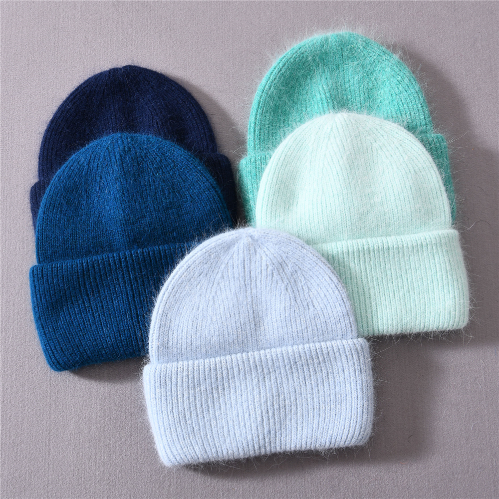 Casual Women's Hats Angora Knitted Beanies Autumn Winter Brand New Three Fold Thick Knitted Girls Beanies