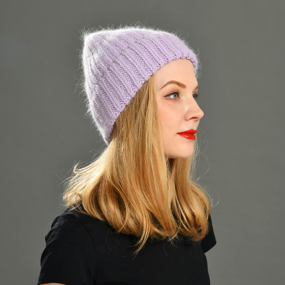 Winter Women Warm High Quality Stretchy Chunky Detachable Angora Knitted Thick Ribbed Beanie Hats 