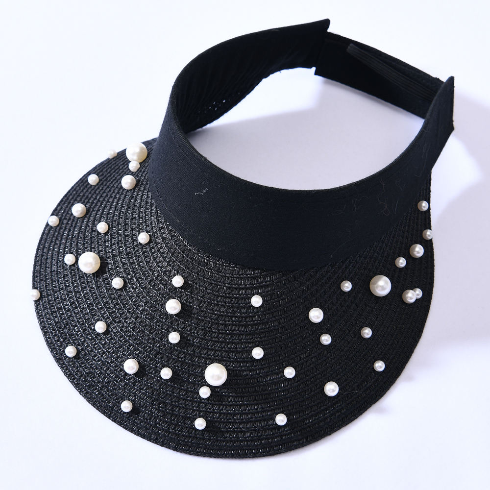 Sun Shade Women Summer Female Elegant Pearl Straw Wide Brim Visor Hat for Girls