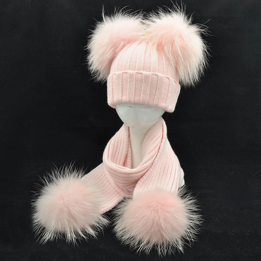 Winter Warm Fur Ball Hats Unisex Knitted Beanie Cap Girls Boys Classic Striped Knit Kids Beanie and Scarf Set