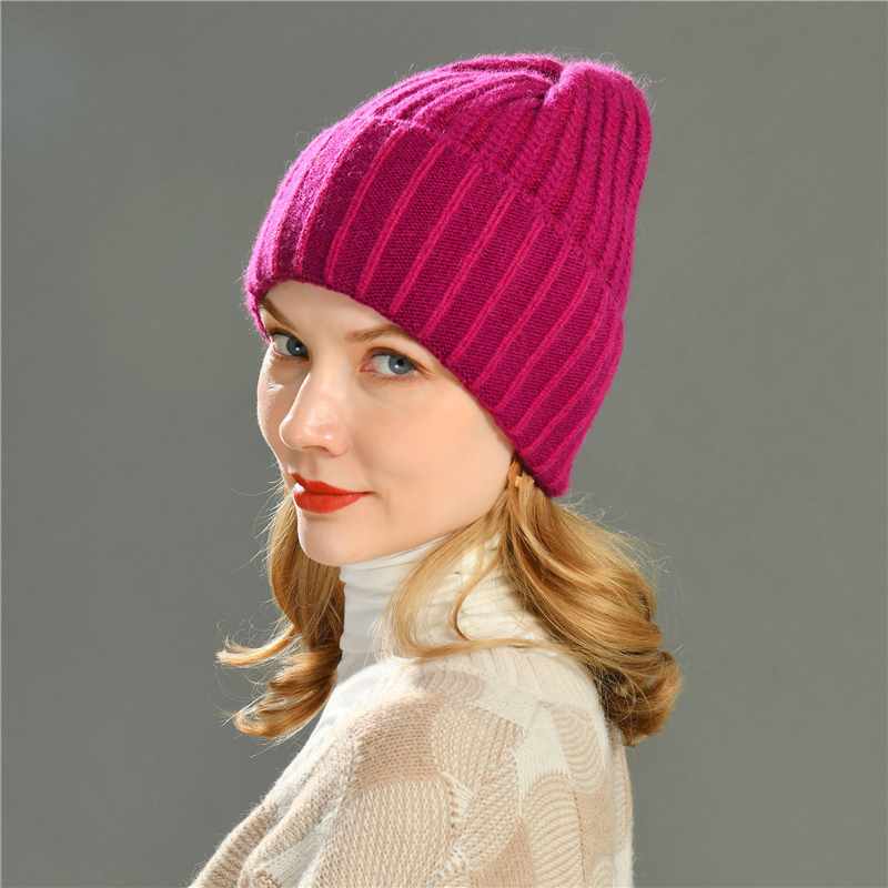 Wholesale Winter Thick Warm Strips Layer Mesh Angora Adult Knitted Beanie Slouchy Hats 