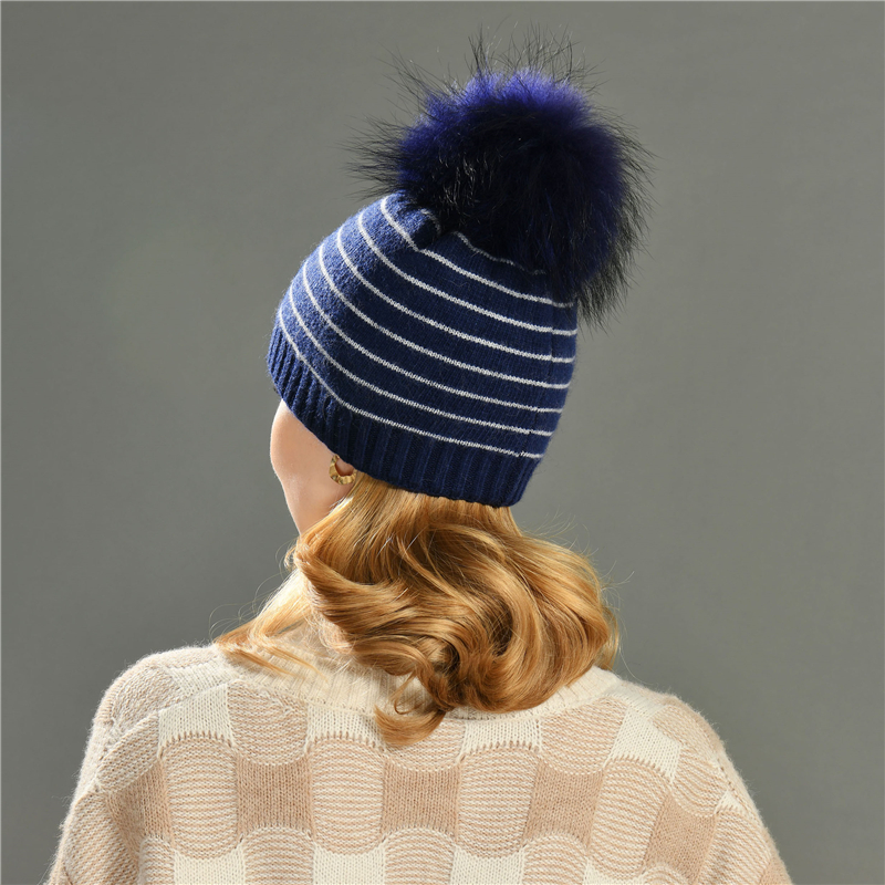 High Quality Angora Knitted Beanie stripe Double Layer Warm Unisex Winter Beanies with Customize Logo