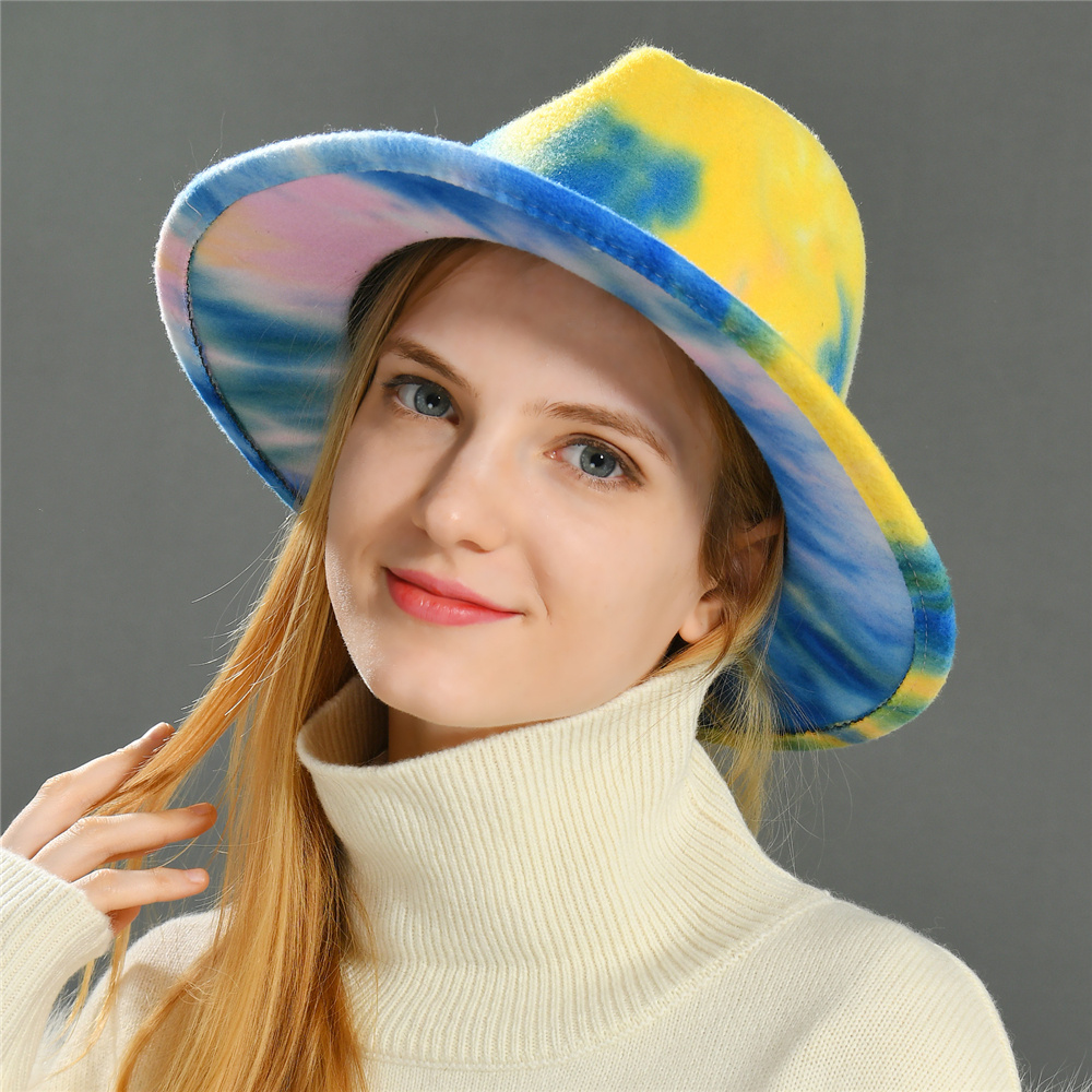 Wholesale Unisex Vintage Jazz Woolen Tie Dye Color Wide Brim Wool Fedora Hats 