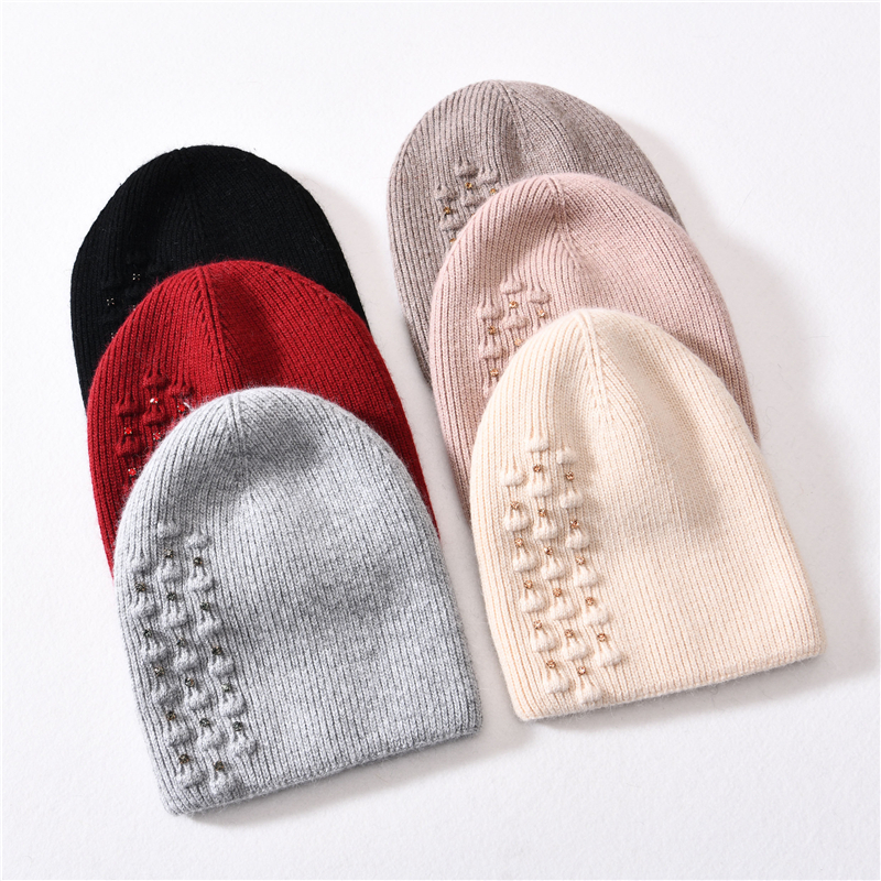 Wholesale Winter New Style Angora Cable Knitted Hat Blank Unisex Stripped Handmade Rhinestone Beanie Hats