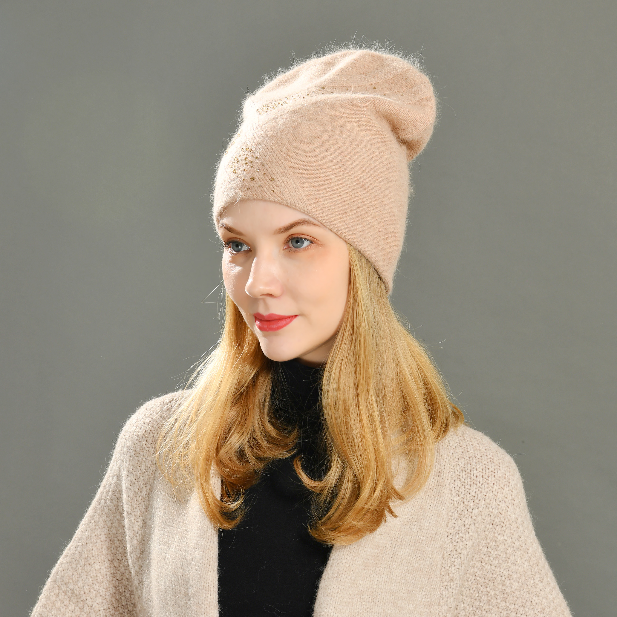 Winter Fashion Warm Soft Angora Wool Knitted Female Winter Hats Plain Rhinestone Blank Pink Beanie Hat