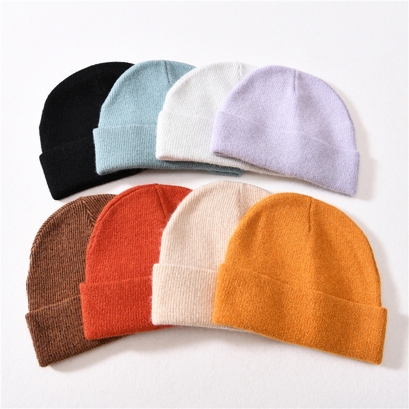Hot Sale Winter Angora Blend Beanie Hats Bright Silk Custom Wholesale Adult Knit Beanie hats 