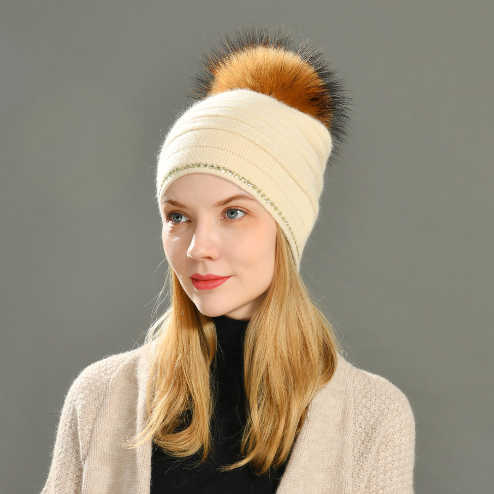 Wholesale Hand Knitted Woolen Caps Monster Pattern Winter Women Ladies Hats With Super Large Pom-pom