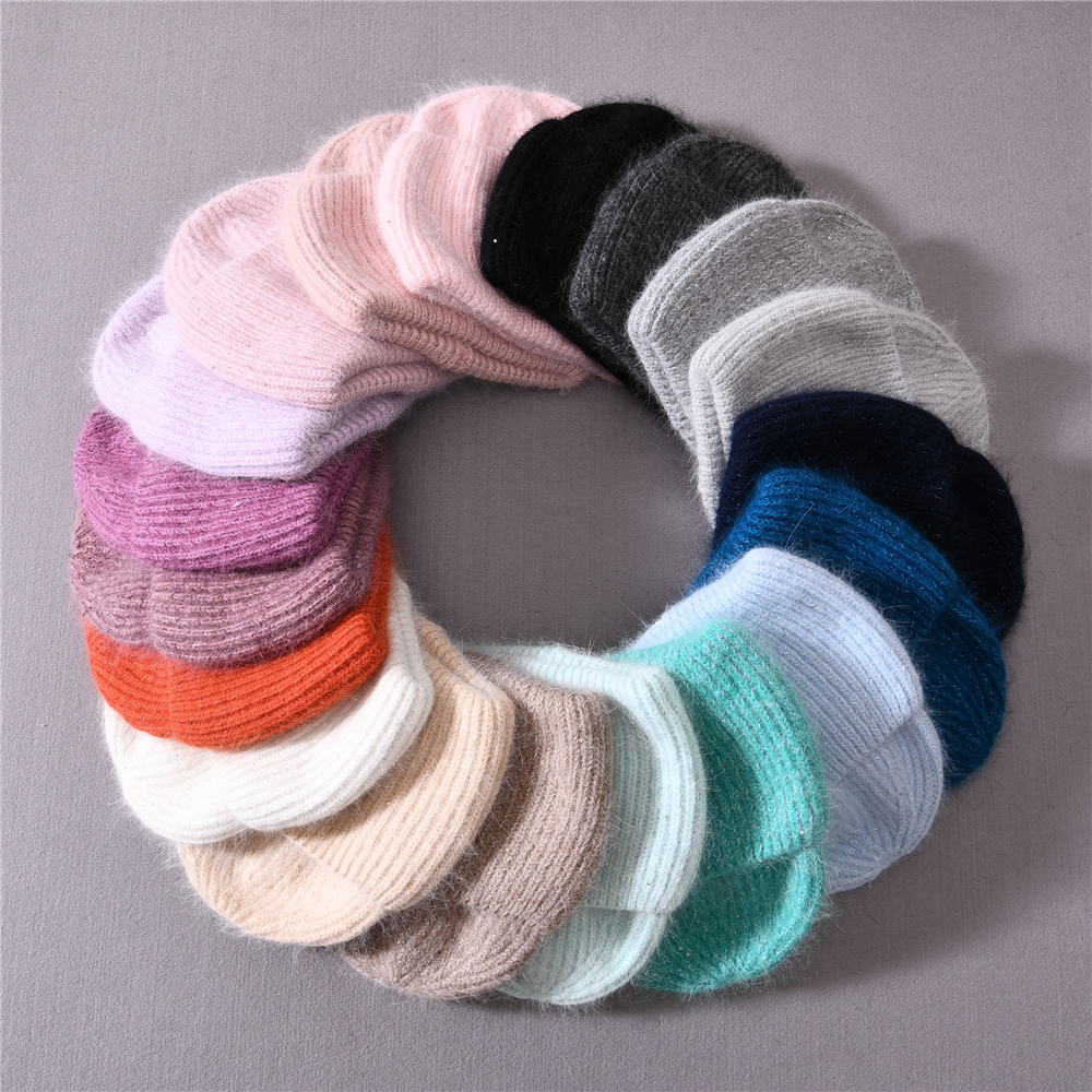 Autumn Winter Warm Beanies Hats Casual Women Solid Adult Angora Colors Knitted Beanie Hat with Bright Wire 