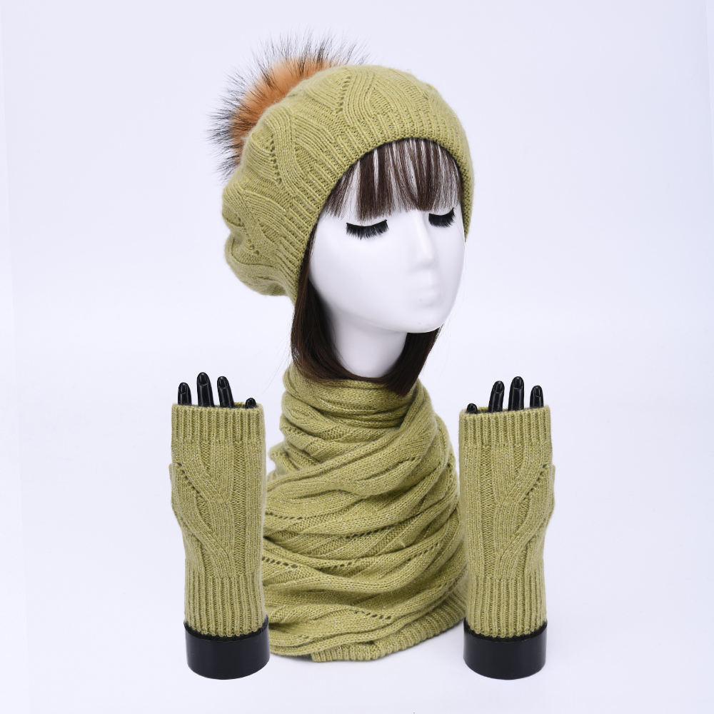 French Crochet Beret Long Scarf Fingerless Mittens Winter Double Layer Cashmere Knitted Hat Scarf Glove Set