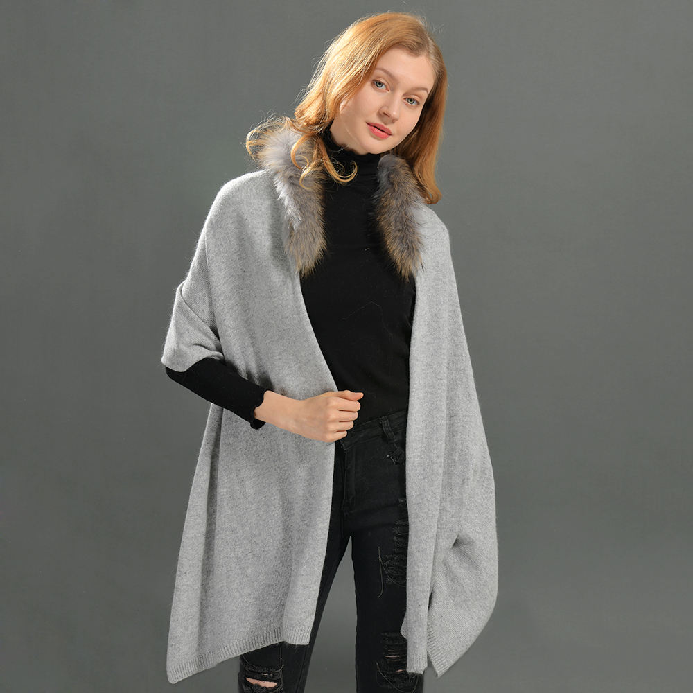 Sweater Oversize Autumn Real Fox Fur Collar Shawl Cape Ponchos Streetwear Luxury Custom Knitted Winter Scarf for Women Cashmere