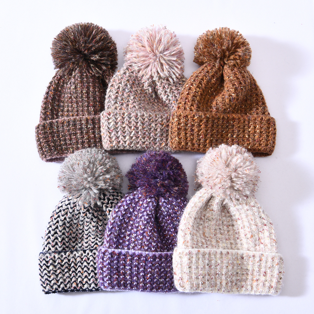 Headwear Outdoor Ski Thick Warm Mix Color Knit Winter Hat Yarn Pom Pom